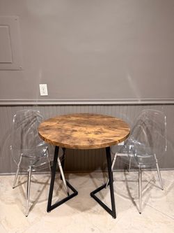 Round Wood Top Dining Table with 2 acrylic chairs