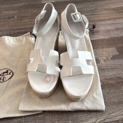 Hermes White Sandals Cross-Strap Wedge