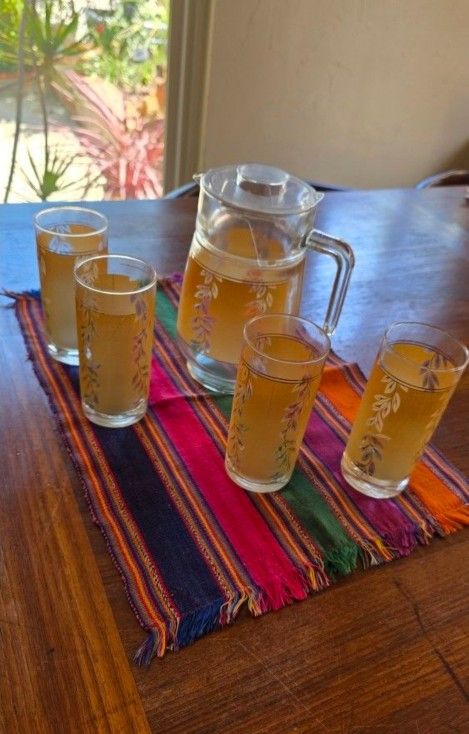Vintage Ice Tea Pitcher And 4 Glasses