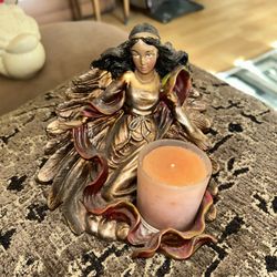 Beautiful Gold Winged Angel Votive Holder Cast Resin 7 3/4 Inches Tall