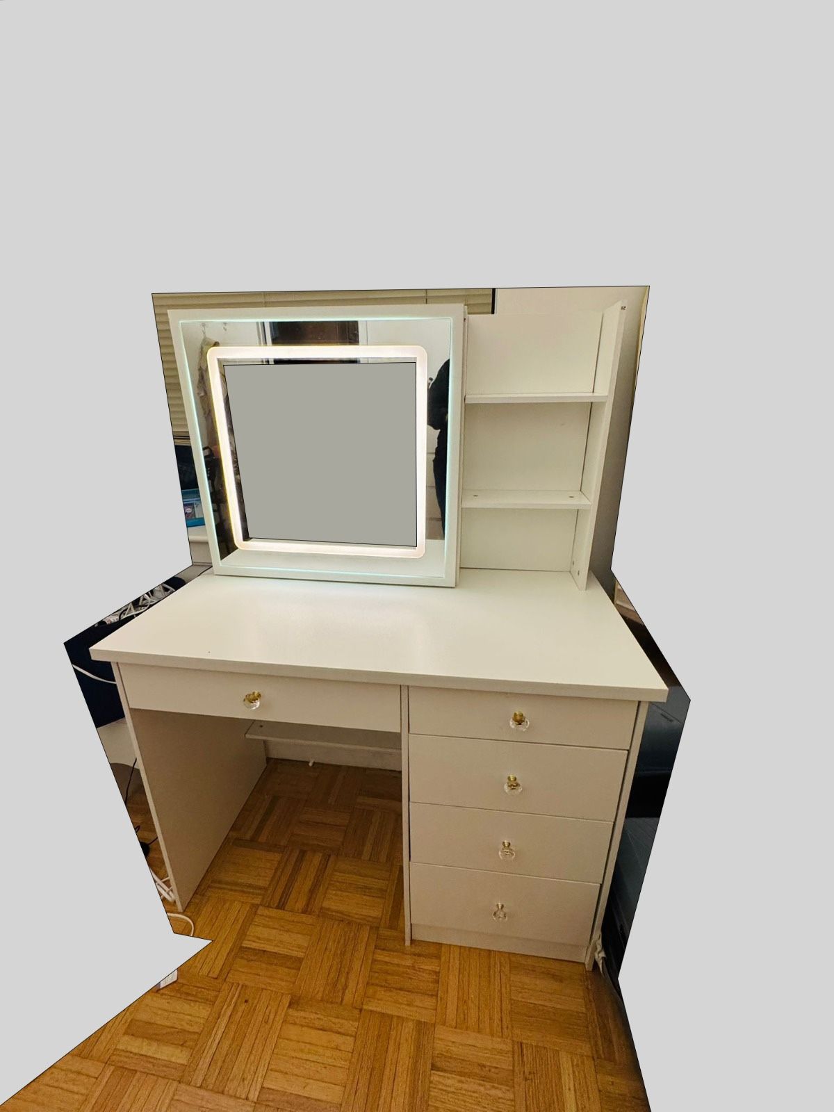 White Vanity Table with Light-Up Mirror + Stool