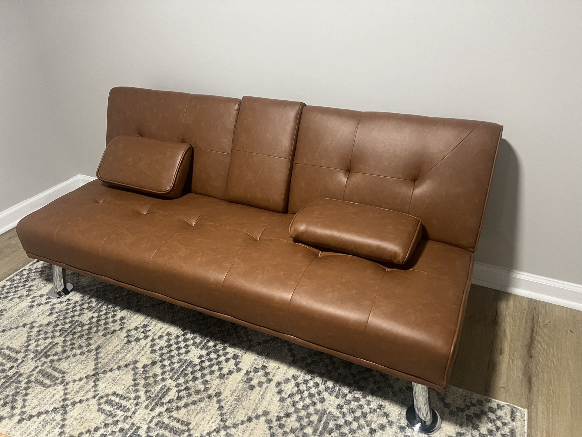 Brown Leather Futon With Armrest / cupuolder