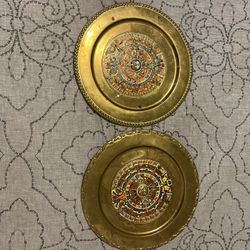 Vintage Aztec Brass Plates And Clock 