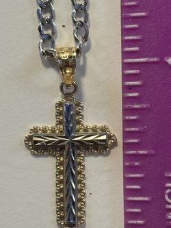 10k White Gold 20” Petite Chain With 14k Yellow And White gold Cross Pendant