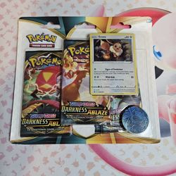 Sealed/Unopened Pokemon Darkness Ablaze 3 Pack + 1 Promo Card&Coin Blister 