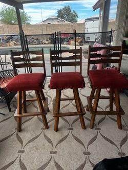 Set of 3 Wood Bar Stools with Red Cushions