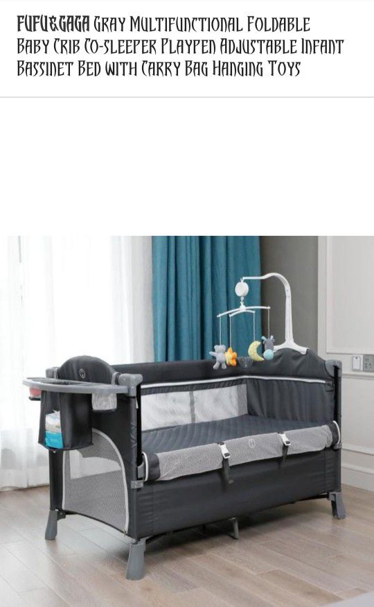 FUFU&GAGA Gray Multifunctional Foldable Baby Crib Co-Sleeper Playpen Adjustable Infant Bassinet Bed with Carry Bag Hanging Toys