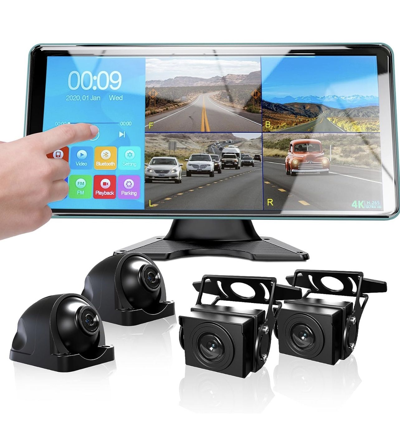 Brand New In The Box- Ciascy 4K Backup Camera 4CH Dash Cam with 10.36" Quad Split Touch Screen & 4 AHD Front Rear Sides View Camera w/DVR Recording Mu