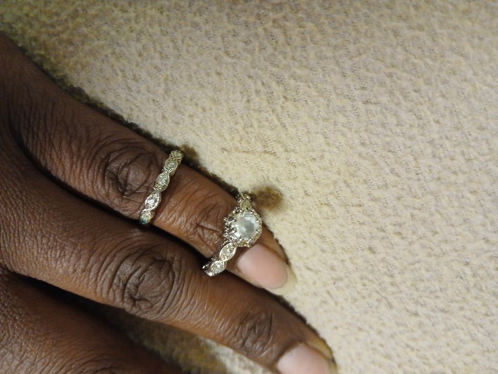Silver Engagement Rings 2pc Set Clear Quartz 
