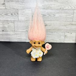Vintage Russ Troll Doll with pink hair, holding a heart-shaped sign that says "#1 Mom