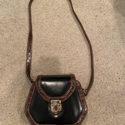 Vintage Black and Brown Embossed Leather Crossbody with Brown Strap 