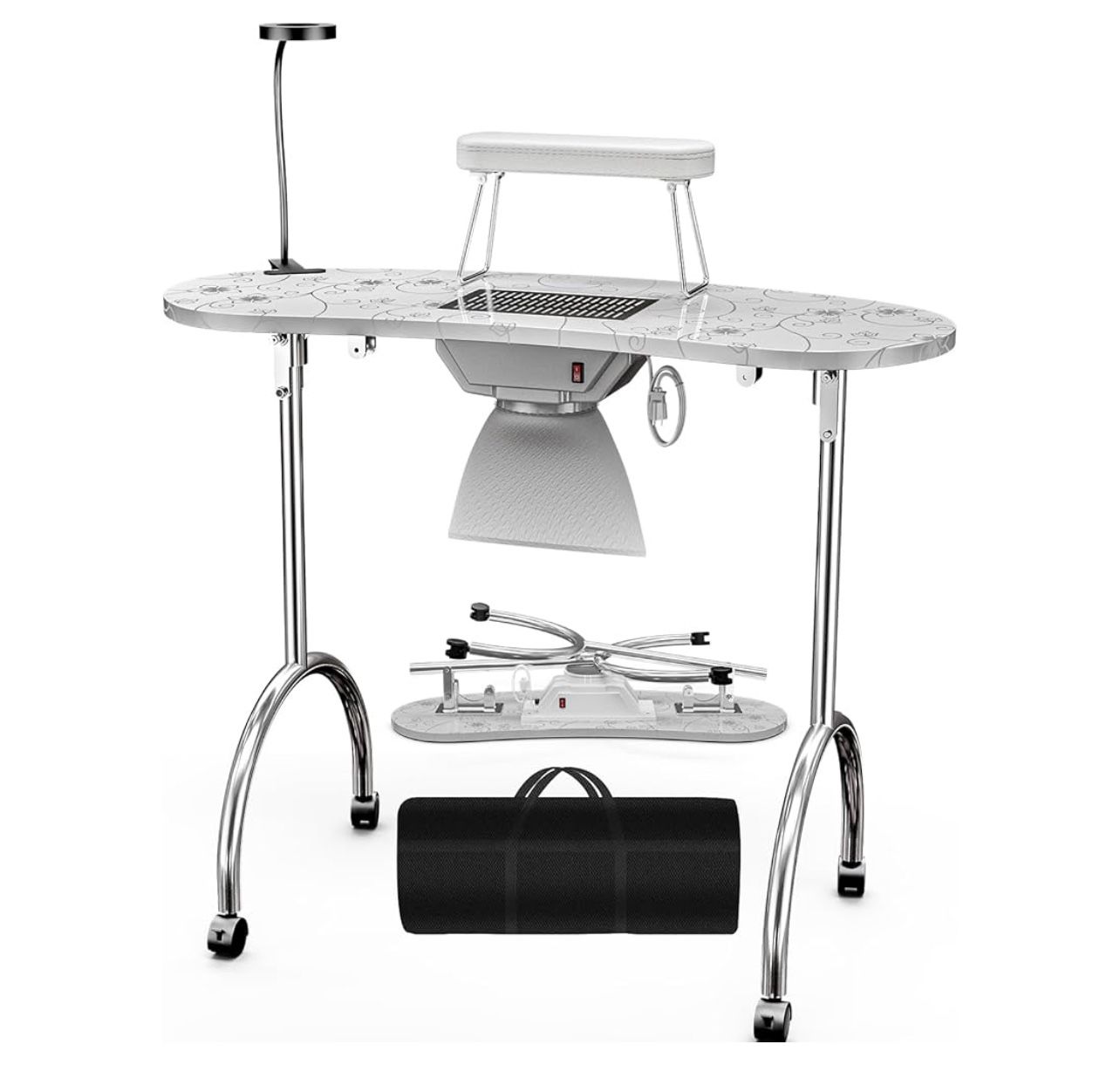 Paddie Portable & Foldable Manicure Nail Table with Built-in Dust Collector, 360°Rolling Wheels, USB-Plug LED Table Lamp, Wrist Rest, Carry Bag for Ho