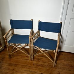 Bamboo Folding Director Chairs - Set Of 2 Indoor/Outdoor - Blue 