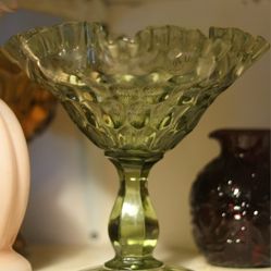 1960s Fenton Art Glass Thumbprint Colonial Green Round Compote

