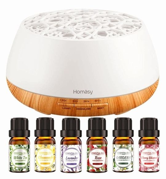 400ml Aromatherapy Diffuser with 6 Floral Scent Pure Oils, Humidifier with 3 Mist Modes, 4 Timers and Waterless Auto-Off