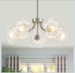 22'' Modern Glass Chandelier Farmhouse Flower Pendant 5-Light Brushed Nickel Dining Room Lighting Fixture with Adjustable Hanging Pole for Living Room
