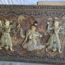 1900’s Sequins Embroidered Kalaga Tapestry Beads And Gemstones Sacred Royal Angels Wall Hanging Thai Burmese