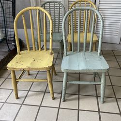 Set Of Four Vintage  Distressed Spindle Back Childrens Chairs
