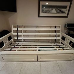White Wood Full-Size Futon Frame w/ Rolling Storage Drawers – Lightly Used