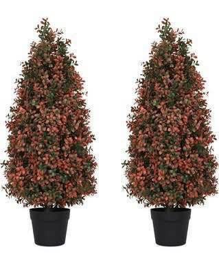 New 3ft Artificial Boxwood Topiary Trees Set of 2 - UV Resistant Fall Faux Plants for Outdoor/Indoo