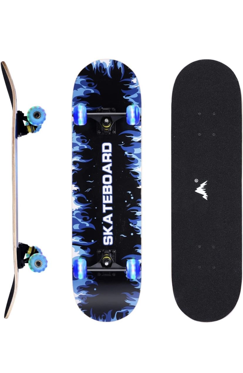 31 x 8 Inch Complete Skateboard for Beginners Kids Teens & Adults with Colorful LED Light Up Wheels, 7 Layers Canadian Maple Wood Deck Standard Skate 