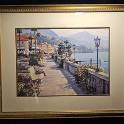 Large 45"x37" Vintage Matte Framed Painting "Bellagio Promenade" By renowned Artist Howard Behrens 