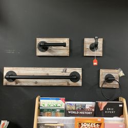 IMyGift 4-Piece Bathroom Hardware Set, Shabby White Washed Wood and Industrial Matte Black Metal Pipe Toilet Paper Holder, Hand Towel Ring, Bath Towel