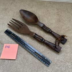 vintage solid hand-carved wooden fork and spoon wall decor set, 