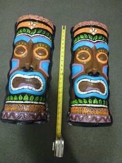 2 Plastic Tiki Faces Bright Colors 22 inches