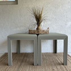 Refinished Solid Wood Sage Beige  Pair of End Tables 