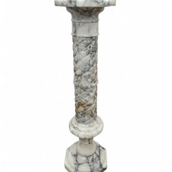 Antique-Style Marble Pedestal – Twisted Spiral Column in Veined White Marble, Octagonal Base