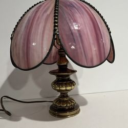 Vintage Golden Brass Lamp Unique Rare Tiffany Style Pink Stained Glass Shade