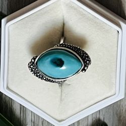 Natural Turquoise Evil Eye Ring Handmade 925sterling Silver Ring Size Fixable 