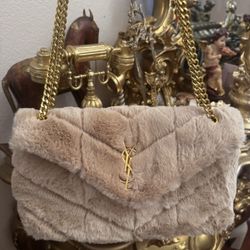 YSL Fur Bag Gold Hardware Saint Laurent Furry Purse Chain Strap 