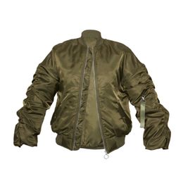 KHAKI OVERSIZED RUCHED SLEEVE BOMBER JACKET