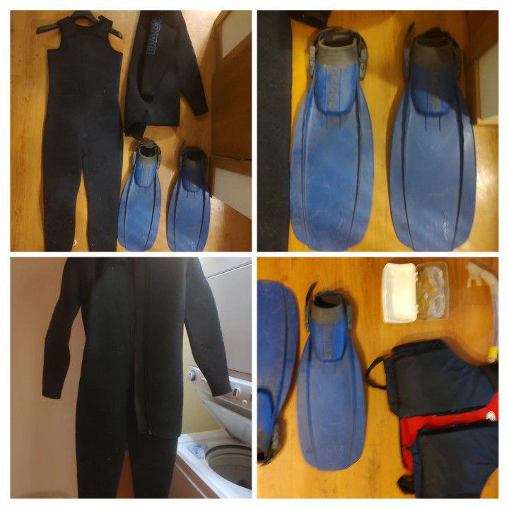 Wetsuit Fins Mask Snorkel And Lifejacket 