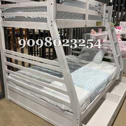 Twin/Full Brush White Bunk bed w. Drawers & Orthopedic Mattresses Included 