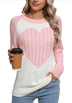 Women's Cute Heart Sweater Long Sleeve Crewneck Pullover Ribbed Knit Casual Sweaters（small）