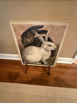 Wooden Screen—Painted Rabbits 26.5”h x 20”w x 9”d at feet Smoke free household
