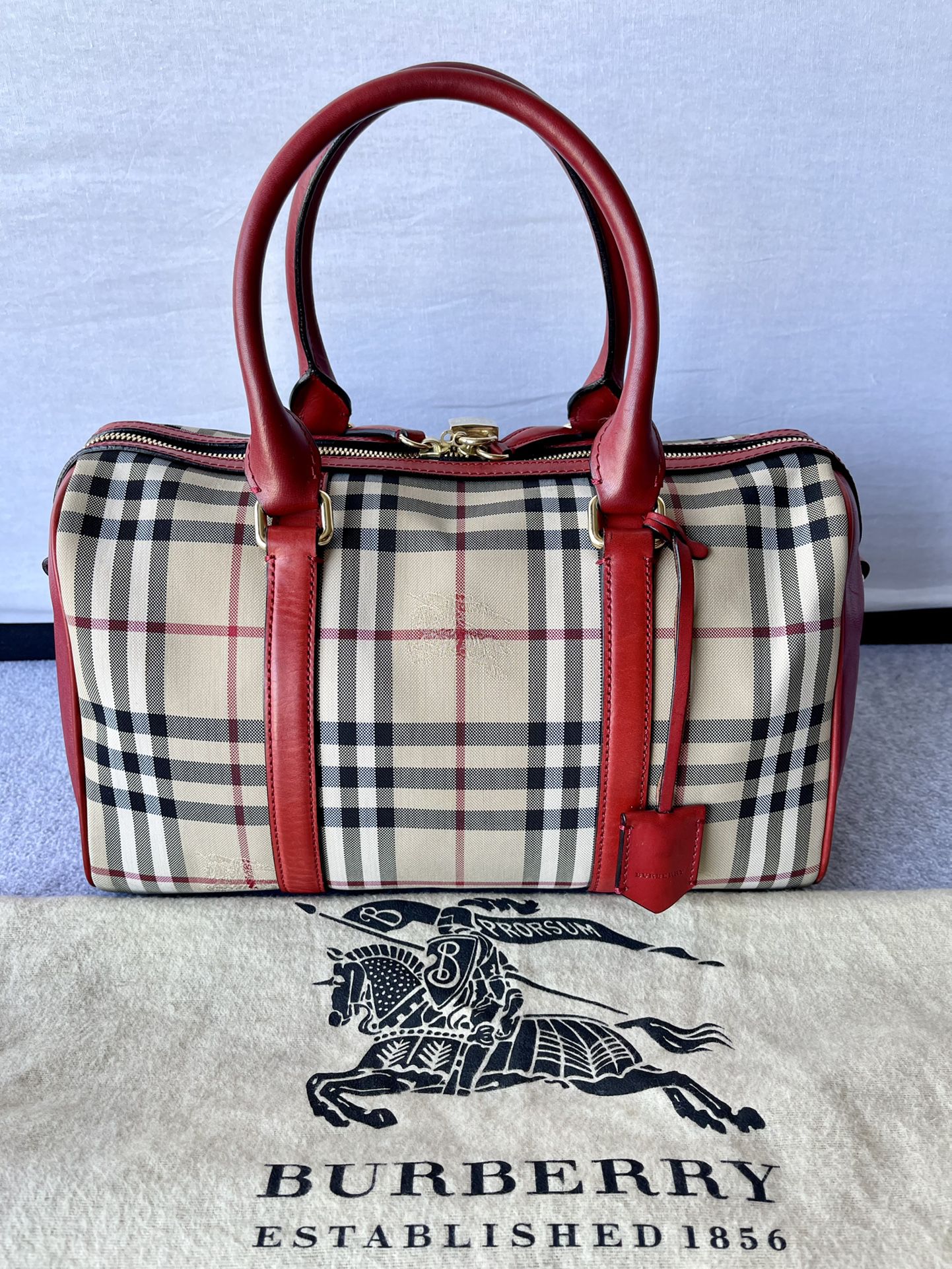 Burberry Check Bag with Red Leather