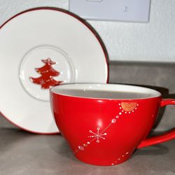 Starbucks NEW Vintage Collectible Holiday Gift Red Christmas Tree Hot Cup & Saucer Set