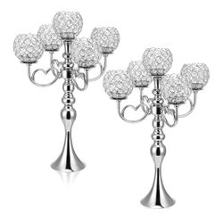 NEW! 2 Pack! 5 Arm Crystal Candelabra Centerpieces, 21.5” Tall Crystal Candle Holder, Silver