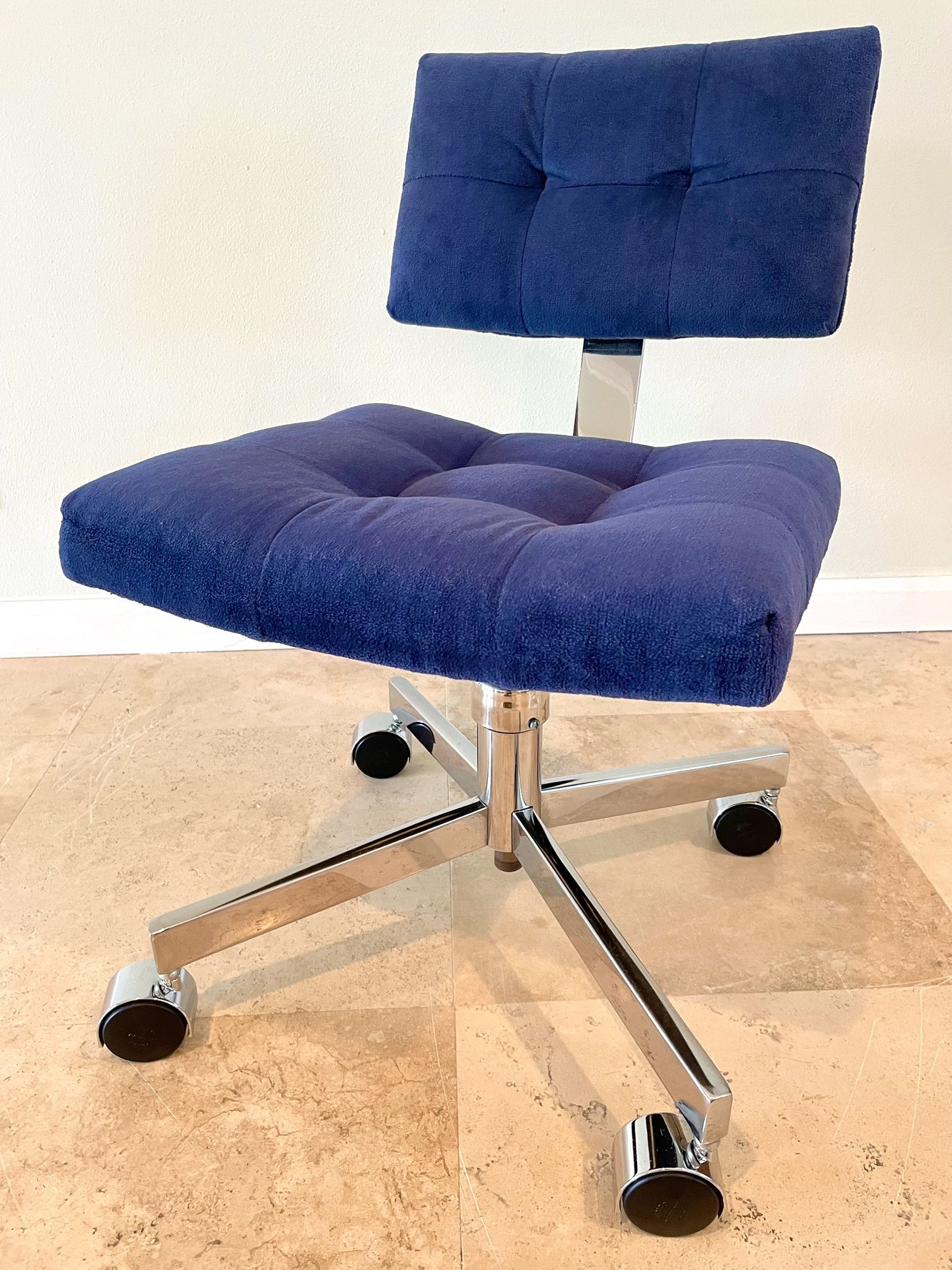 Vintage Chrome and Blue Velveteen Adjustable Rolling Office Chair FAULTLESS DOERNER