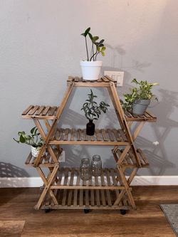 Multi-Tier Wooden Rolling Plant Stand