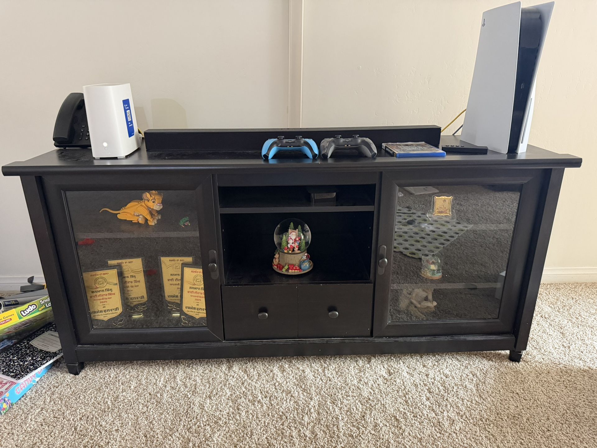 Black Solid Wood TV Stand- 2 Cabinets With Glass Doors And Shelves And A Drawer