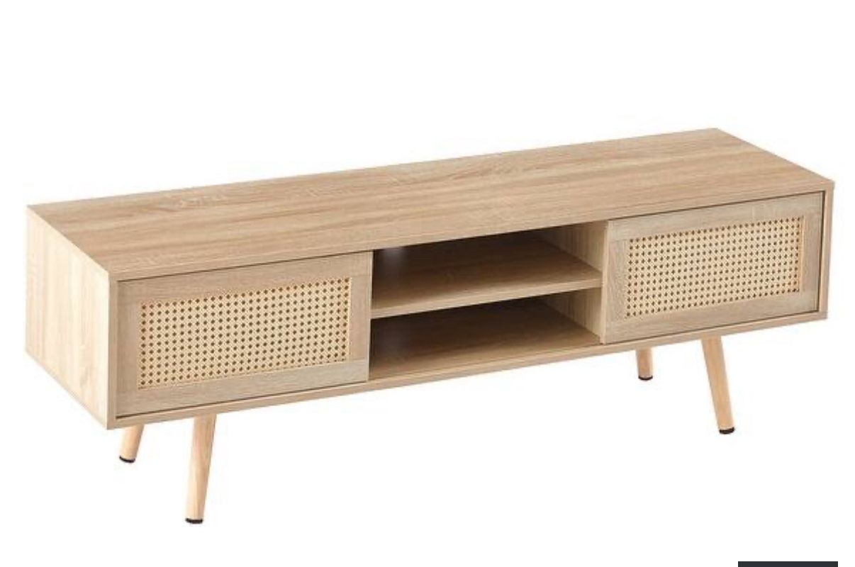 55.12" Rattan TV Cabinet, Double Sliding Doors for Storage, Adjustable Shelf, Solid Wood Legs, TV Console for Living room