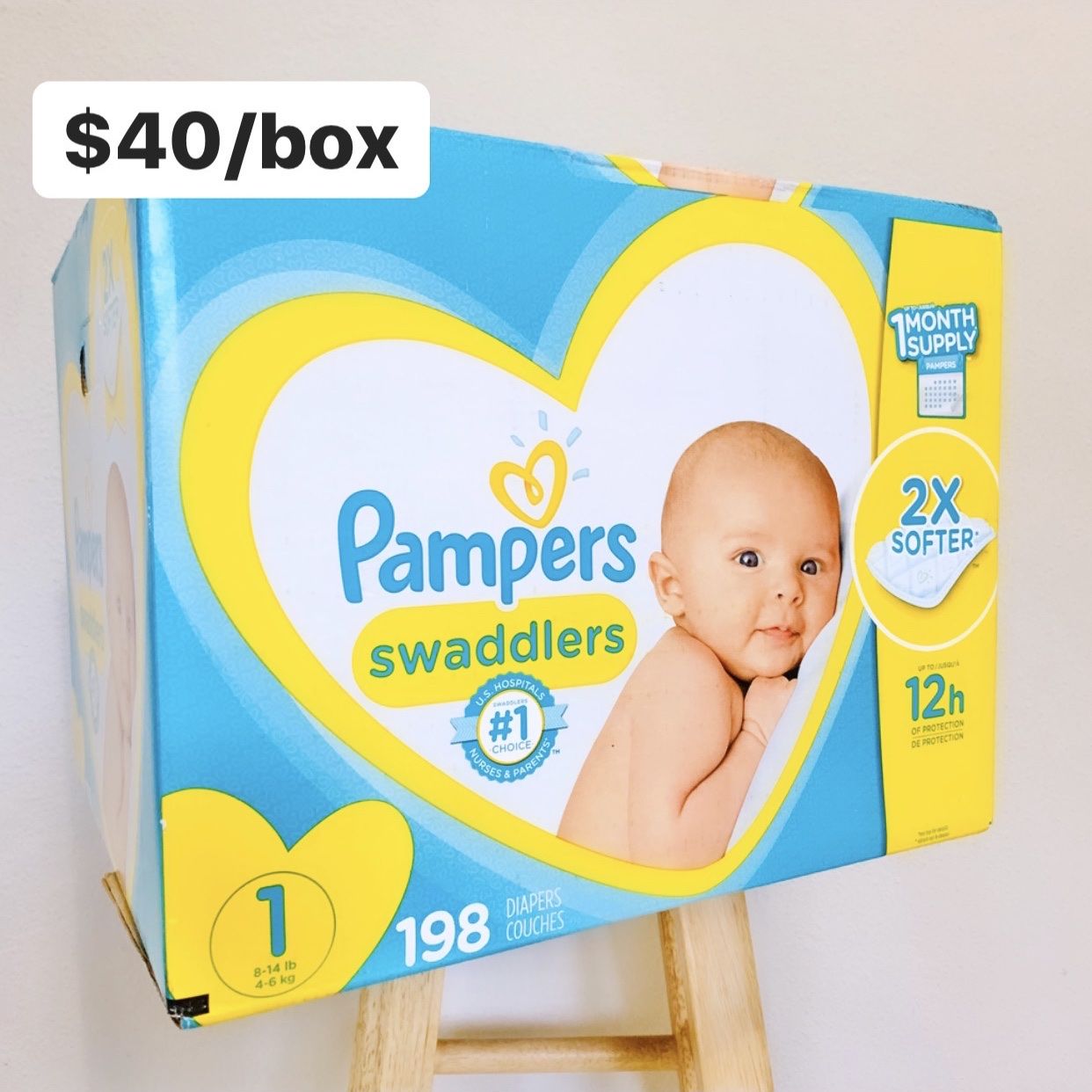 Size 1 (8-14 lbs) Pampers Swaddlers (198 baby diapers) *PROMO* BUY ANY 2 PAMPERS BRAND BIG BOXES, GET 1 FREE HUGGIES TUB 64ct