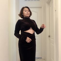Chocolate Velvet Twist Front High Neck Cut Out Midi Dress.