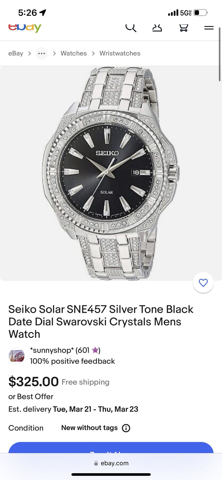 Seiko Solar SNE457 Silver Tone Black Date Dial Swarovski Crystals Mens Watch for Sale in Los Angeles CA OfferUp