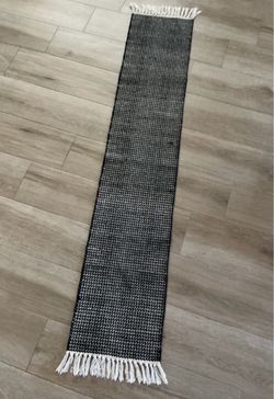 80” x 16” Black and White Woven Table Runner Rug Fringe Ends Textured